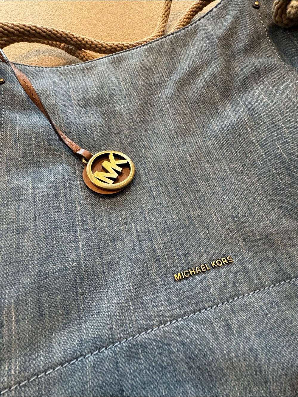 Michael Kors Denim Shoulder Bag with Rope Handles and Gold MK Charm with tags - Picture 2 of 8